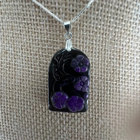 Arch Shaped Deer and Flowers Sugilite Pendant on Sterling Silver Box Chain - Picture 7 of 16
